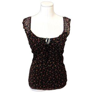 Vixen Black Floral Mesh Top Milkmaid Babydoll Bow Whimsygoth Witchy Gothic Sz M